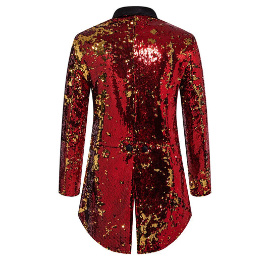 2026 Men's Blue Metallic Shiny Sequins Tuxedo, Performance,Party Dress Coat, Fashion Long Cardigan Suit Jacket,Red, Gold Blazers