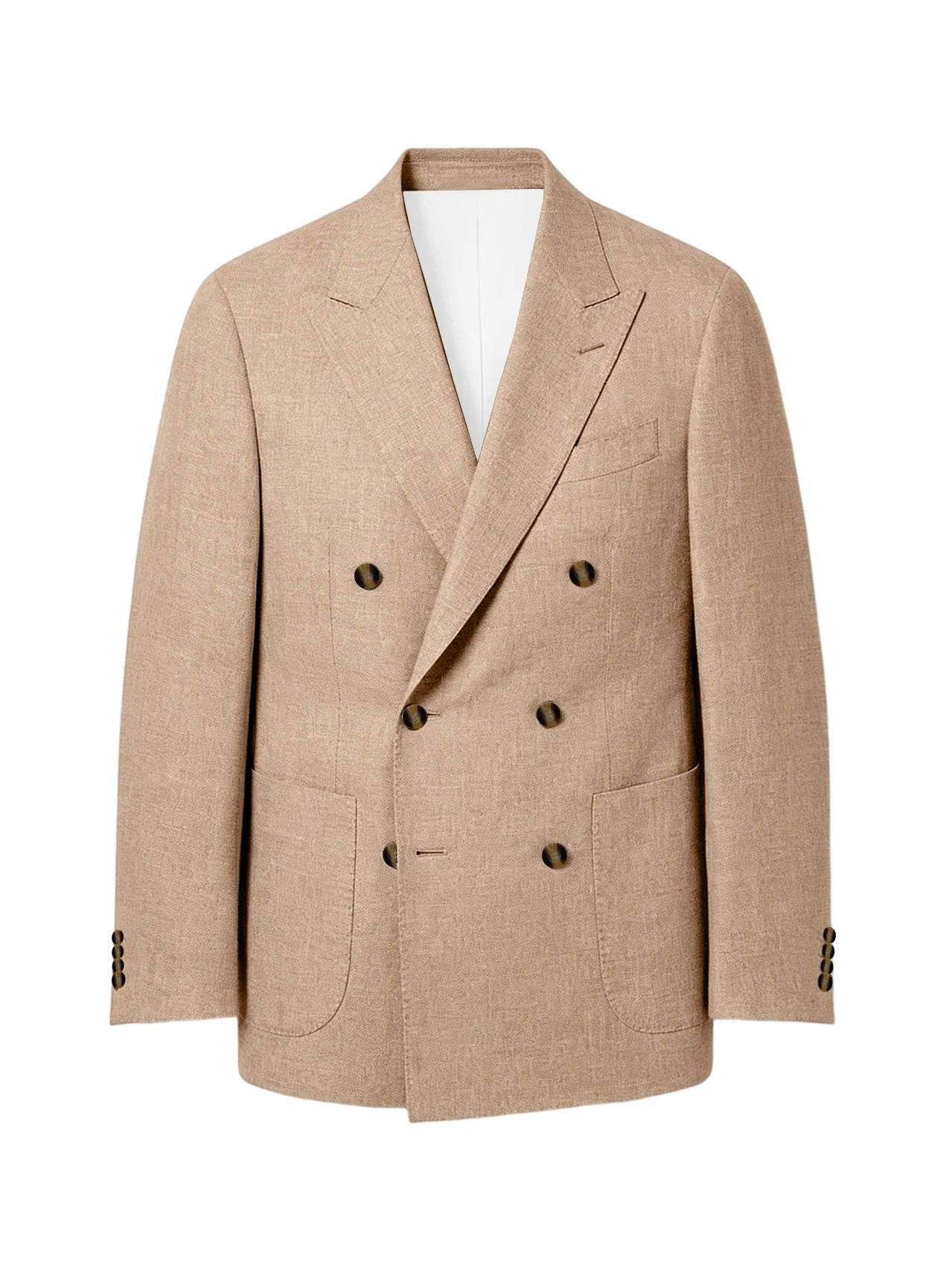 Men's Linen Double Breasted Blazer Peak Lapel Casual Business Suit Jacket With Patch Pockets For Daily Office Wear
