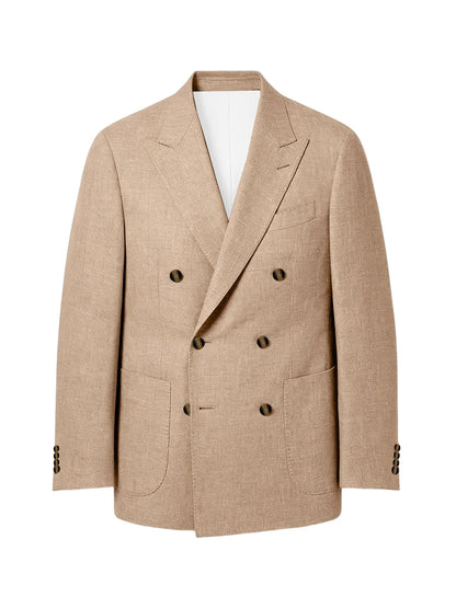 Men's Linen Double Breasted Blazer Peak Lapel Casual Business Suit Jacket With Patch Pockets For Daily Office Wear
