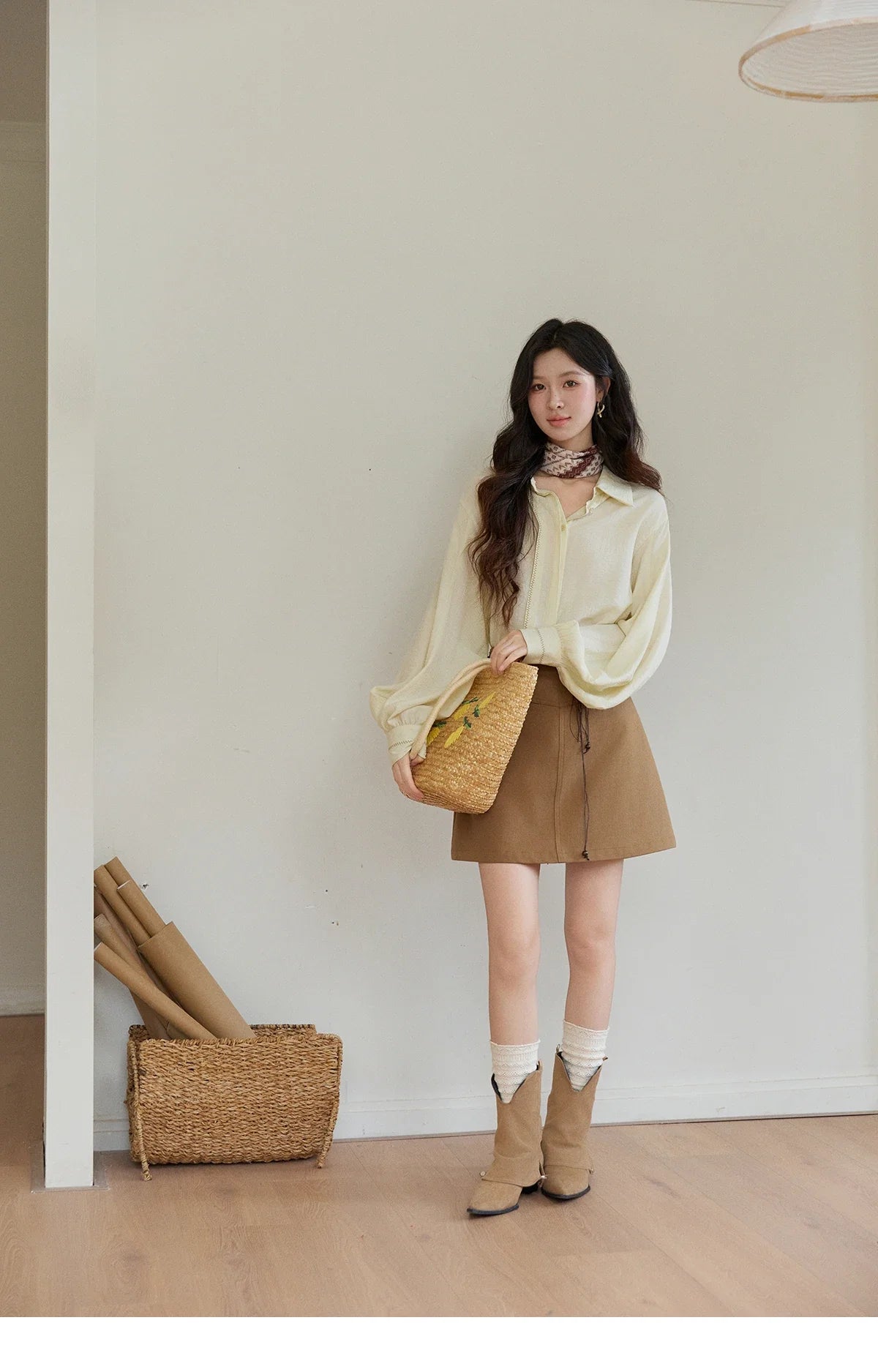 Women's Lapel Lantern Sleeve Shirts 2026 Spring Lace Trim Casual Loose Breathable Solid Shirt Office Lady MXF13C2436