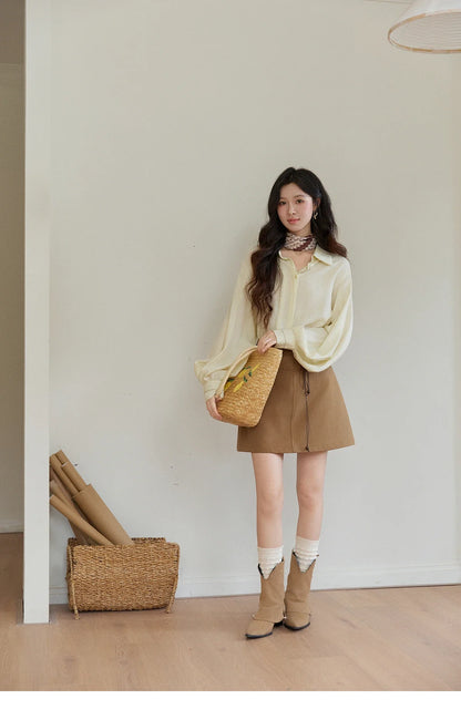 Women's Lapel Lantern Sleeve Shirts 2026 Spring Lace Trim Casual Loose Breathable Solid Shirt Office Lady MXF13C2436