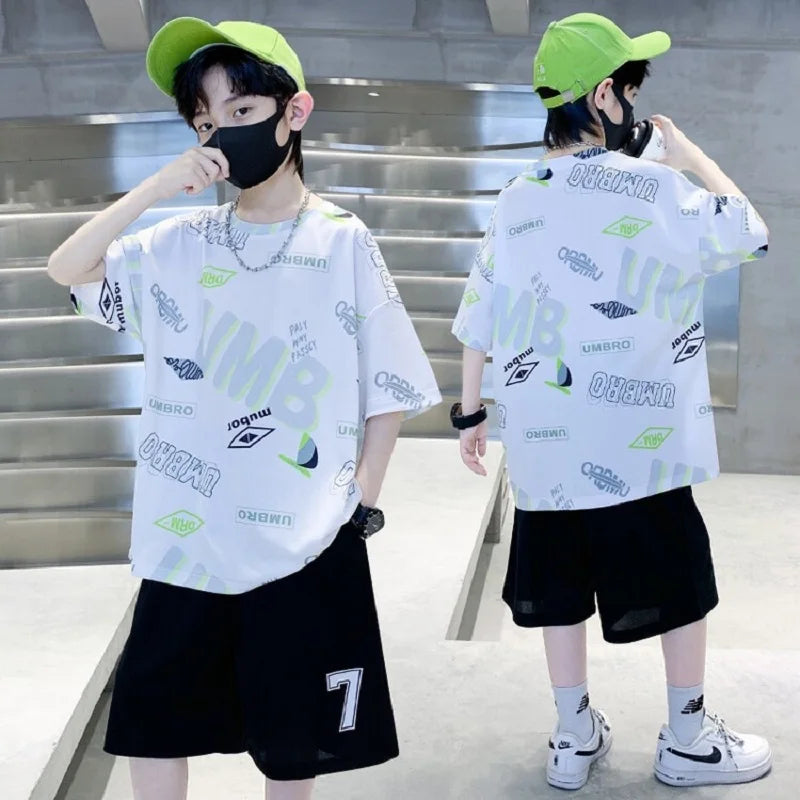 Summer Boys Alphabet Quick-dry T-Shirt Top+Shorts Pant Sportswear Set School Kids 2PCS Tracksuit Children Jersey Outfit 5-16 Yr