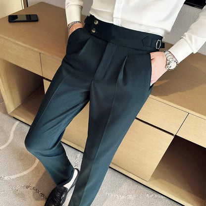 British Style Naples Solid Color High Waist Suit Pants High Quality Men Formal Business Social Party Wedding Casual Trousers