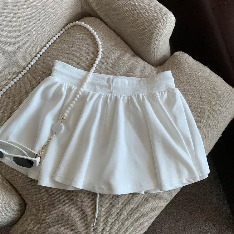 Summer Women Sports A Line Skirts for Women Summer High Waist Drawstring Solid Mini Skirts Female Sweet All Match Ballet Skirts