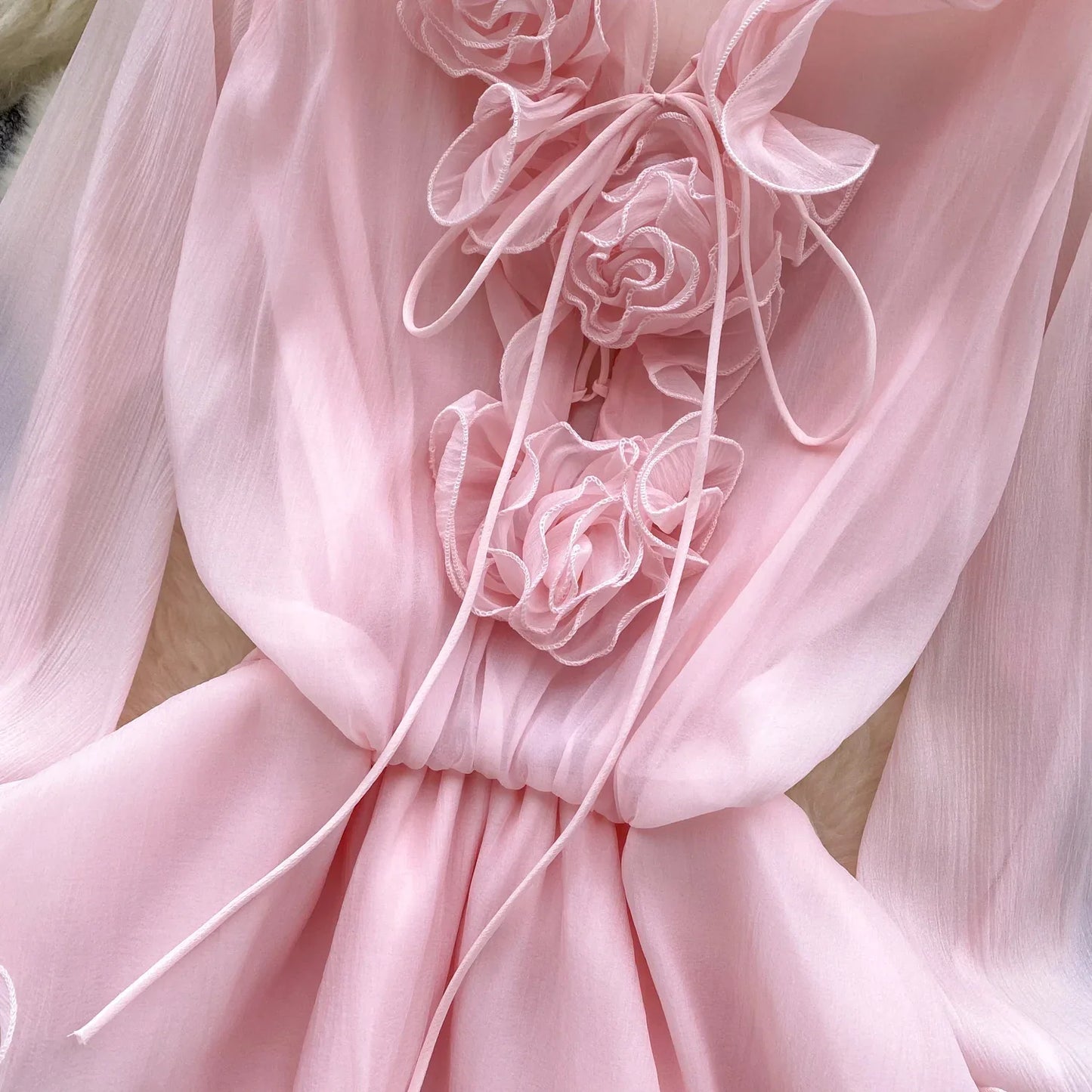 3D Floral Beach Short Dress Female Long Sleeves Lace Up Ruffle Chiffon Cake Sundress Sheer Sexy Vintage Bohemian Dress