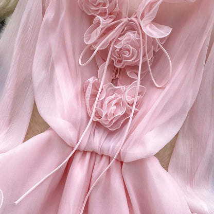 3D Floral Beach Short Dress Female Long Sleeves Lace Up Ruffle Chiffon Cake Sundress Sheer Sexy Vintage Bohemian Dress