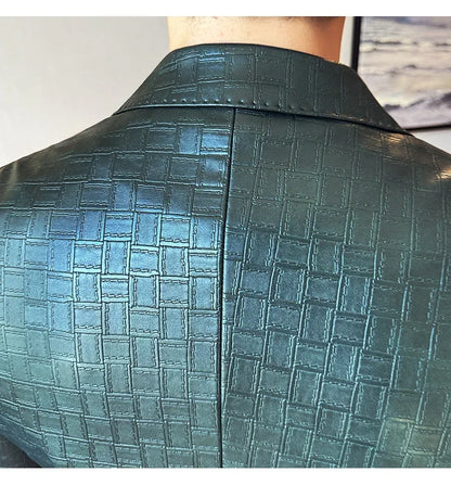 High Quality Square Grid Double Breasted Leather Jacket Fashion Business Slim Fit Casual Men Suit Blazer Tuxedos Men Clothing