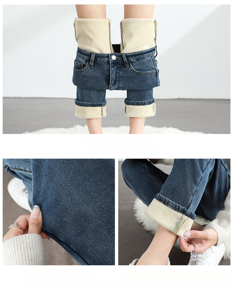 Women's Winter Fleece Warm Jeans Retro Slim Straight Elastic Cotton Thickened Warm Denim Pants Fashion Female Clothing