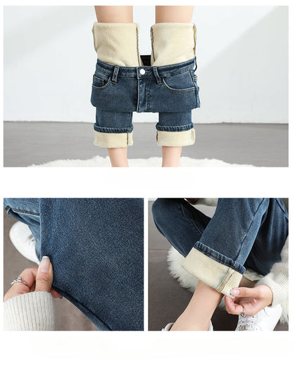 Women's Winter Fleece Warm Jeans Retro Slim Straight Elastic Cotton Thickened Warm Denim Pants Fashion Female Clothing