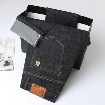Light Blue Classic Business Casual Cotton Pants Fashion Breathable Denim Elastic Trousers Brand Men's Clothing Straight Jeans