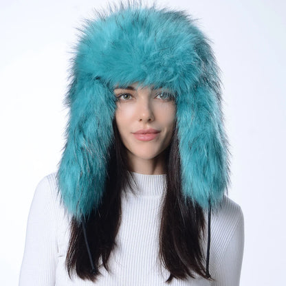 Plush Raccoon Fur Hat Women Thicken Faux Fur Earflap Hat Winter Warm Russian Ushanka Hats Windproof Furry Bomber Cap