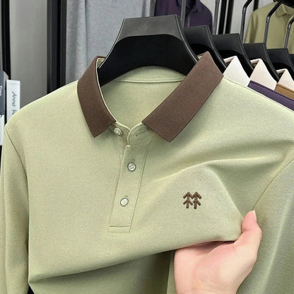 Fashion luxury brand long sleeve polo shirt men's autumn new trend badge embossed design Korean casual silk cotton lapel T-shirt