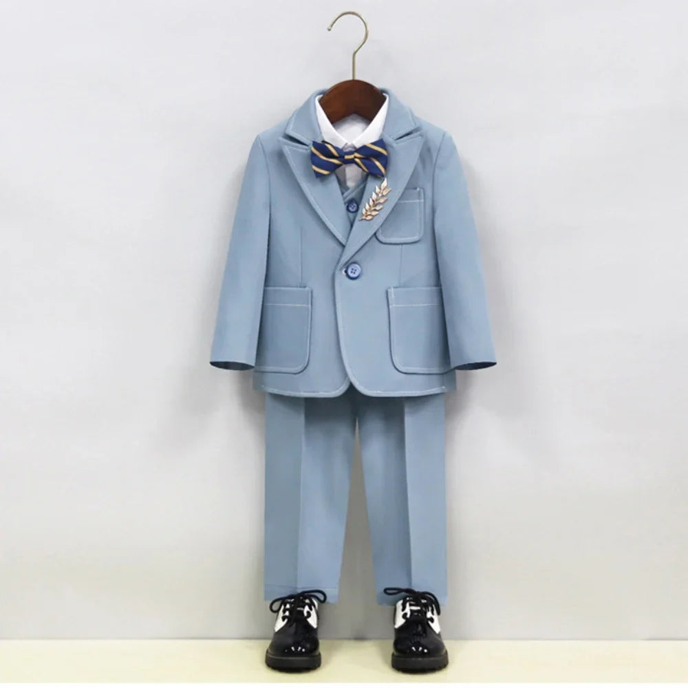 Notched Lapel Children's Formal Suit Set 5 Pieces Piano Contest Performance Boys Regular Fit Suits Wedding Ring Bearer Outfit