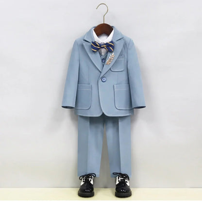 Notched Lapel Children's Formal Suit Set 5 Pieces Piano Contest Performance Boys Regular Fit Suits Wedding Ring Bearer Outfit