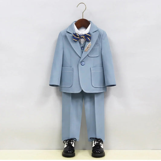 Notched Lapel Children's Formal Suit Set 5 Pieces Piano Contest Performance Boys Regular Fit Suits Wedding Ring Bearer Outfit