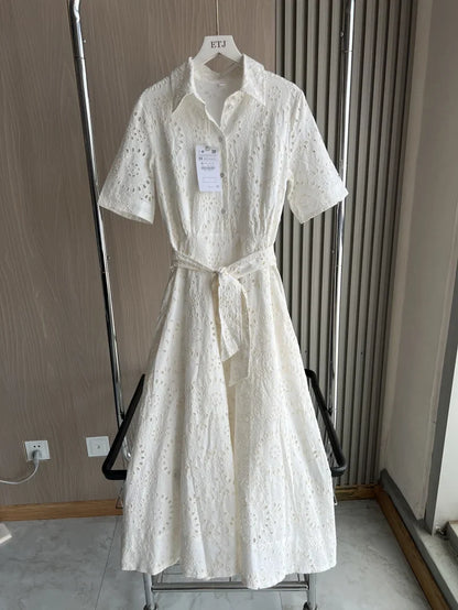 2025 new  women's elegant fashion hollow embroidery cotton shirt lapel short-sleeved dress temperament long skirt