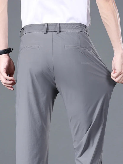 Summer Ultra-thin Casual Pants Men's High Elastic Quick-drying Ice Silk Straight Business Formal Casual Trousers Black Gray