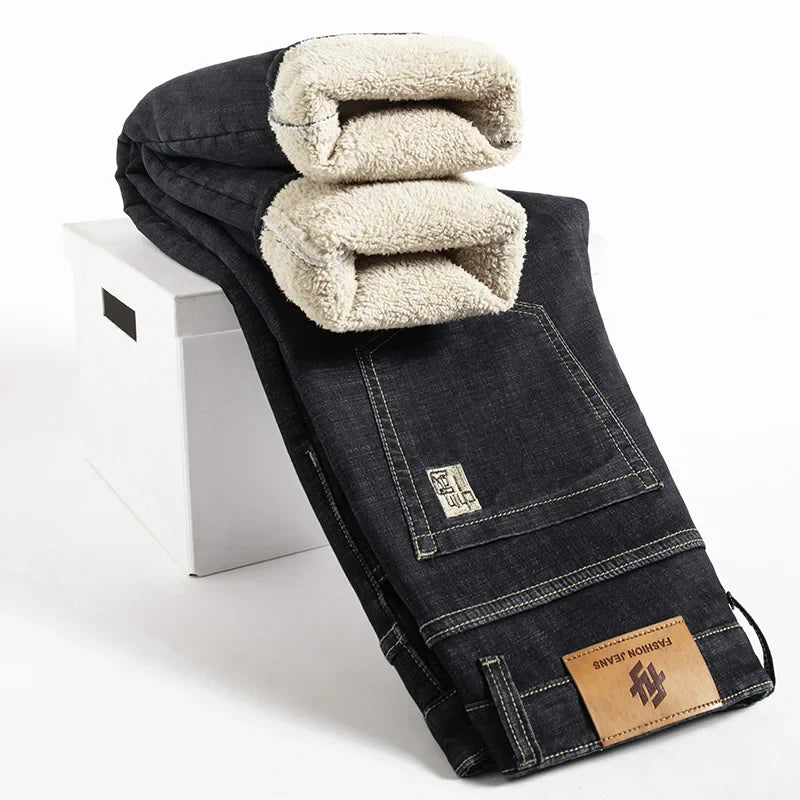 Winter Warm Fleece Jeans Men 2025 Straight Stretch Thick Casual Thermal Denim Pants Male Business Work Trousers New Men Clothing