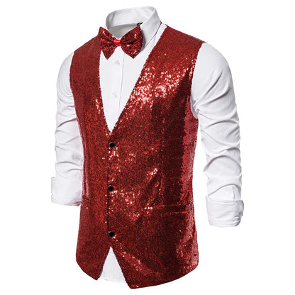 2026 Men's Shiny Gold Sequin Glitter Embellished Blazer Waistcoat Night Club Blazer Wedding Party Waistcoat Stage Singers Vest