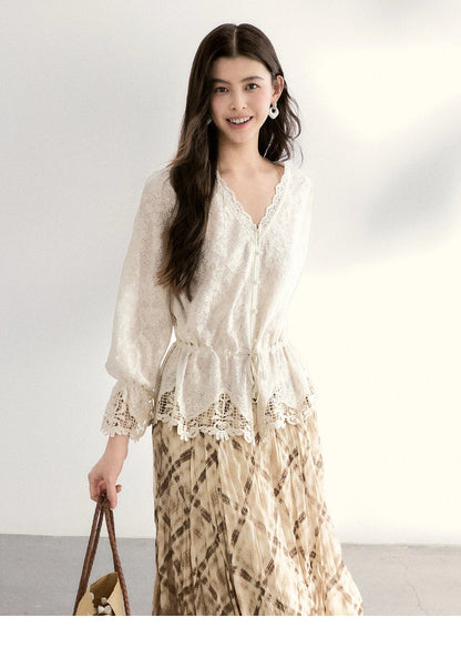 Women's Lace V Neck Long Sleeve Shirts 2026 Spring Drawstring Waist Ruffled Hem Casual Loose Apricot Blouse MXF108X0998