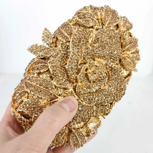 Women Gold Flower Clutch Evening Bags Bridal Wedding Handbags Formal Party Rhinestones Floral Purses