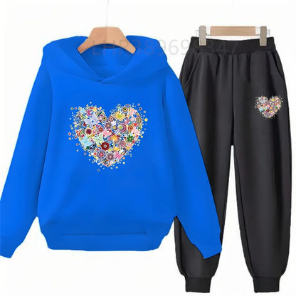 Heart-Shaped Children's Hoodies Suit Top+Bottom Girls Pink Boy Black Age 3-12 Coat Casual Toddler Long Sleeves Autumn Clothing