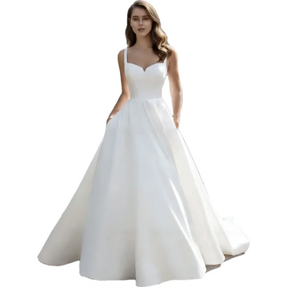 Customized Elegant V-Neck Wedding Dress Long Satin Bridal Gown A-line Backless Buttons Spaghetti Straps Bride Dress with Pockets