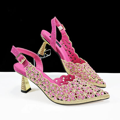 New Shoes and Bags Matching Set Nigerian Women Heel Party for Women Fuchsia Colour Italian Design Wedding INS Design