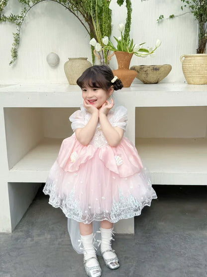 Sweet Baby Girls Princess Lolita Dress Kids 2026 New Summer Fashion Sequined Tulle Embroidery Puff Sleeve Performance Tutu Dress