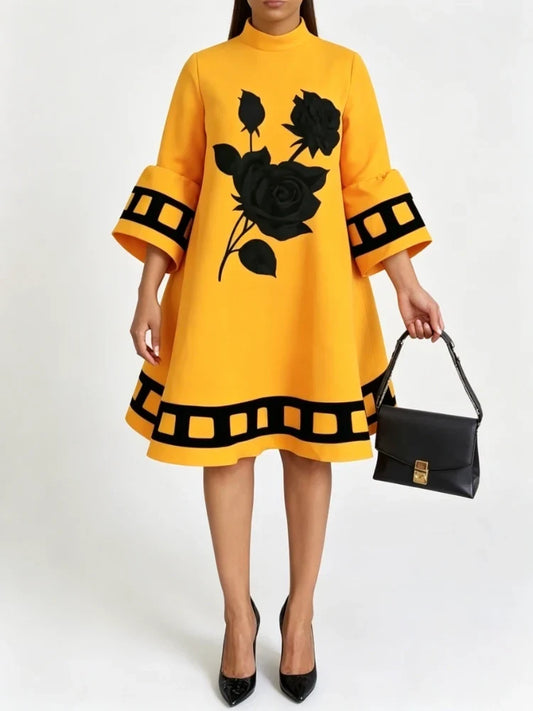 Modigirl Flower Print  Loose Yellow Dresses for Women Autumn Winter Clothes Flared Sleeves Woman Midi Casual A-line Dress