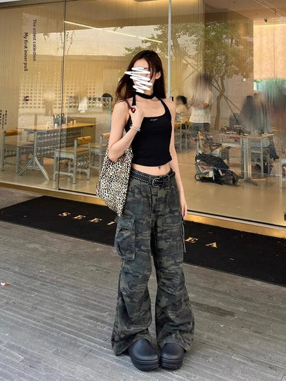 plus Size American Retro Camouflage Casual Work Pants Women's Loose Wide Leg Jeans Autumn New Sle High Waist Zipper Closure