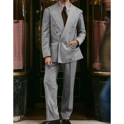 Men's Khaki Suit 2 Piece Set Double Breasted Peak Lapel Blazer Straight Leg Pants Fashion Formal Outfit Business Casual Wedding