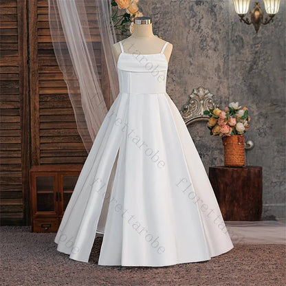 Customized Pink Satin A Line Girls Dress 2026 Spaghetti Strap High Slit Princess Gown for Wedding Baptism First Communion Party