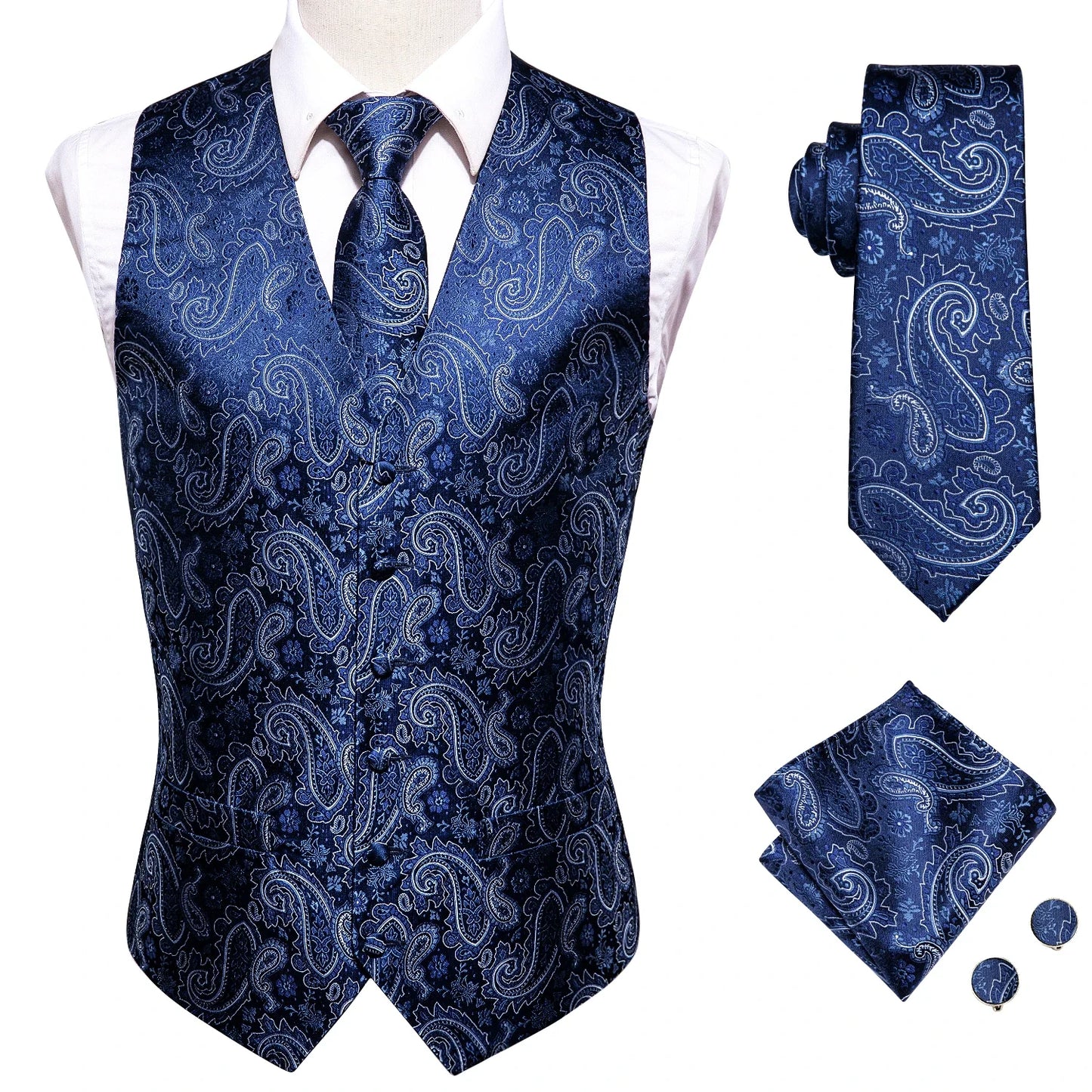 Brand New Mens Suit Dress Vests Necktie Hankerchief Cufflinks Set Silk Slim Fit Male Waistcoat Jacquard Waist Jacket Gilet Homme