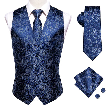 Brand New Mens Suit Dress Vests Necktie Hankerchief Cufflinks Set Silk Slim Fit Male Waistcoat Jacquard Waist Jacket Gilet Homme