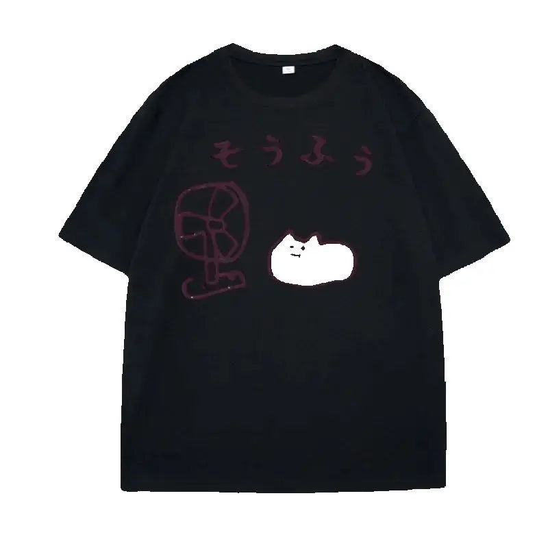Cool Japanese Style Fan Cat T-shirt Women Funny Short Sleeve Tshirt Graphic T Shirts Summer Streetwear Pritned Tees