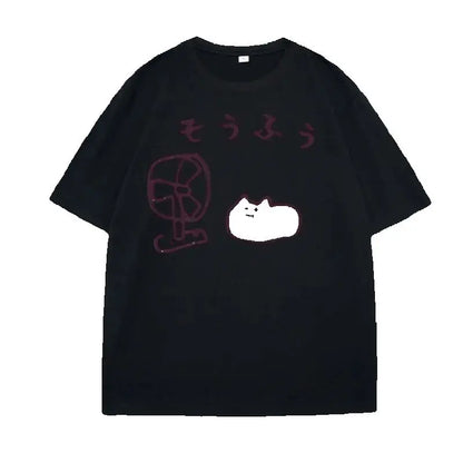 Cool Japanese Style Fan Cat T-shirt Women Funny Short Sleeve Tshirt Graphic T Shirts Summer Streetwear Pritned Tees