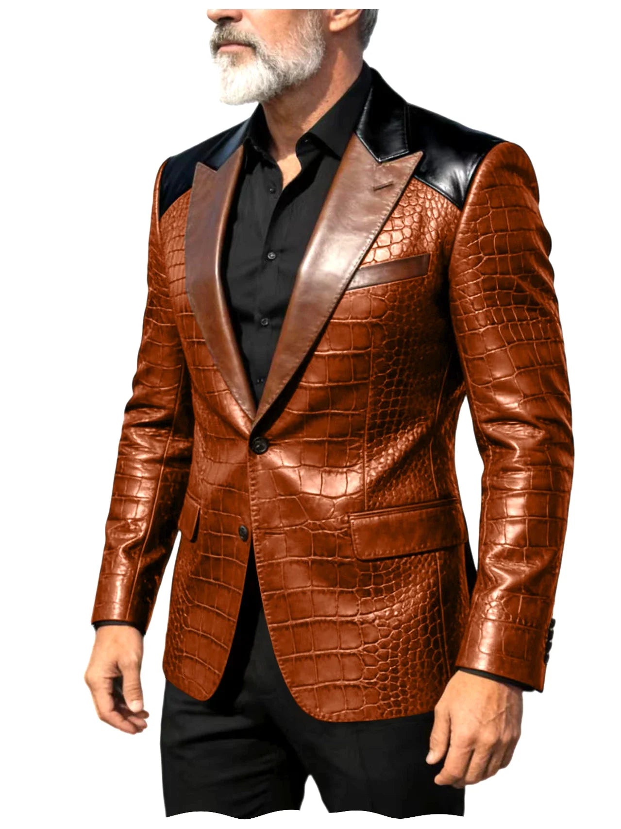 Men's Crocodile Embossed Leather Blazer Luxury Patchwork PU Leather Suit Jacket Slim Fit Peaked Lapel Casual Business Outerwear