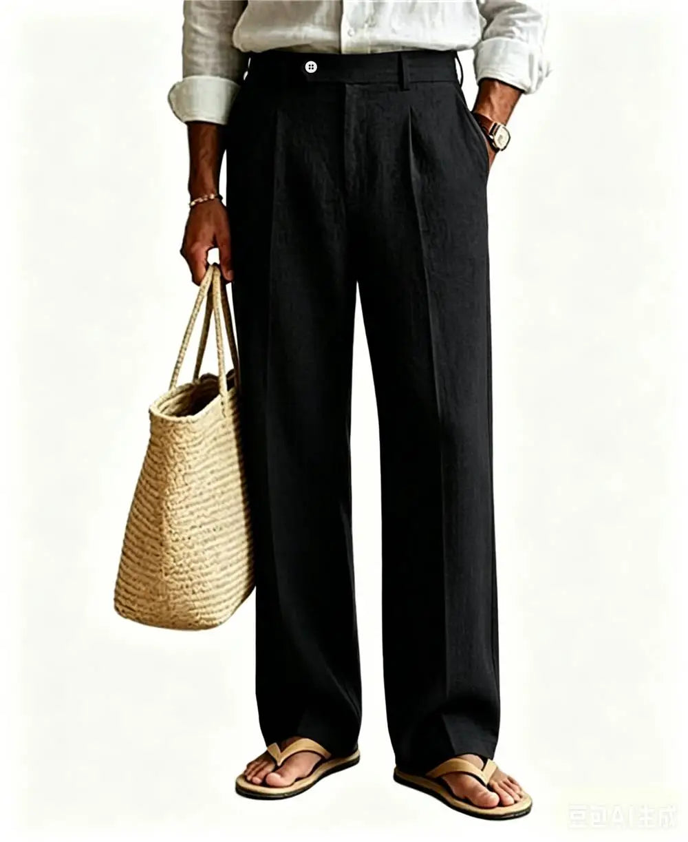 Mens Linen Casual Dress Pants Old Money Pleated Wide Leg Baggy Vintage Relaxed Fit Slacks Work Office Trousers