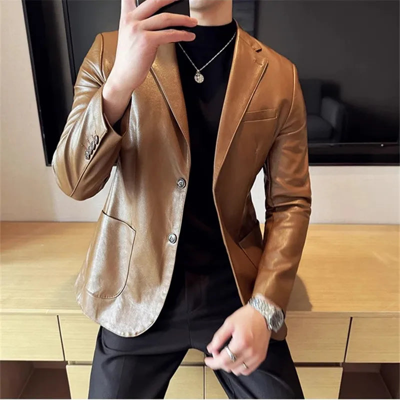 Leather Jacket Men PU Blazer Coats Fashion Business Casual Leather Suit Outwear Male Solid Slim Tur Down Collar Blazers Jackets