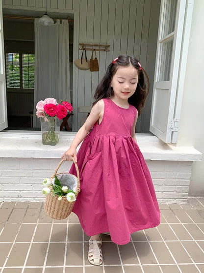 2026 New Summer Children Girls Sleeveless Dress Teen Solid Color Cotton Loose Casual Sundress Kids Vacation Style Princess Dress