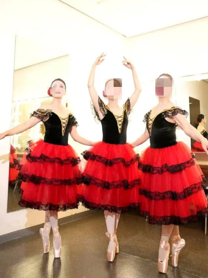 Professional Ballet Romantic Tutu Long Skirt Black Red Spain Dress Girls Adult Children's Performance Ballet Clothes For Women