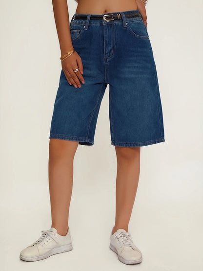Women's Loose Fit Casual Denim Shorts Deep Blue American Style Spring Summer Suitable All-Match Ladies Jeans Shorts