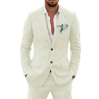 High Quality Linen Suits for Men Two Piece Formal Notch Lapel Single Breasted Male Suit Beach Casual Elegant Wedding Tuxedo