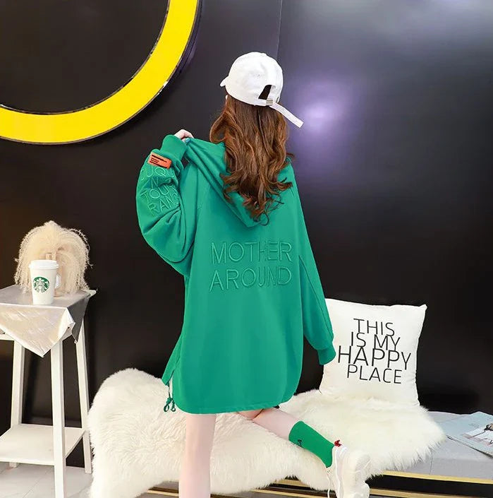 with Zipper Hooded Sweatshirt for Women Full Zip Up Embroidered Woman Tops Spring and Autumn Green Hoodies Long Dropshiping Coat
