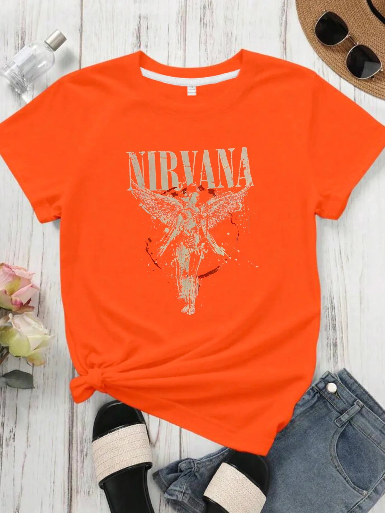 Letters and angels Round neck women's T-shirt short sleeves fashion printed half-sleeve top elastic T-shirt