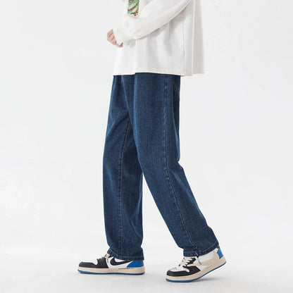 2023 New Korean Fashion Men's Casual Ankle-Length Jeans Classic Man Straight Denim Wide-leg Pants Light Blue Grey Black 3XL