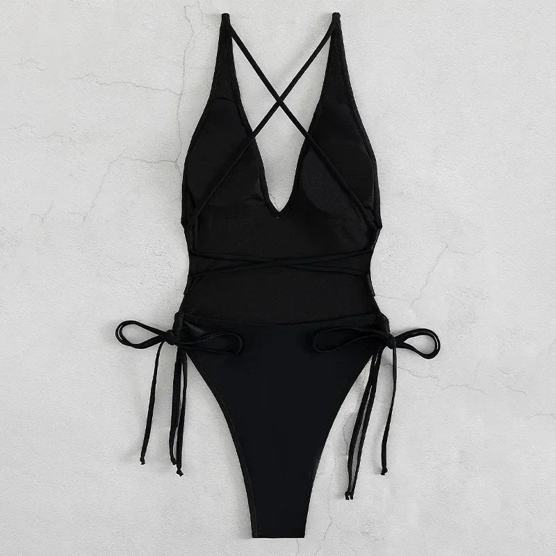 Solid Lace Up Swimsuit Woman Sexy One Piece Swimsuit Swimwear for Women Push Up Women‘s Bathing Suit Beachwear Female Bodysuit
