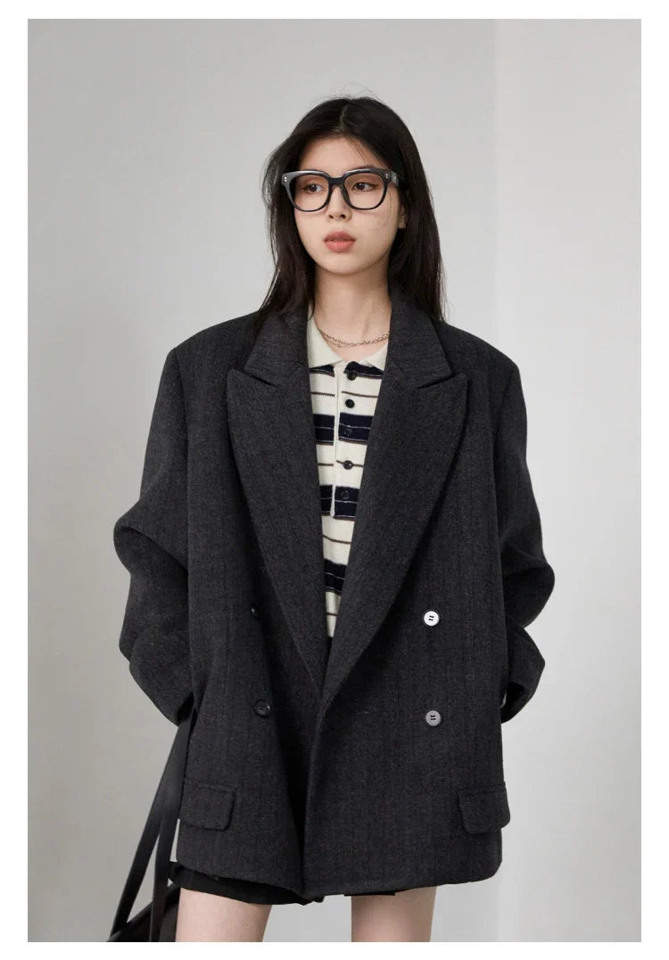 Women Woolen Blazer Loose Vintage V Neck Female Jacket Suit Double Breasted Office Ladies Coat Spring Autumn 2025