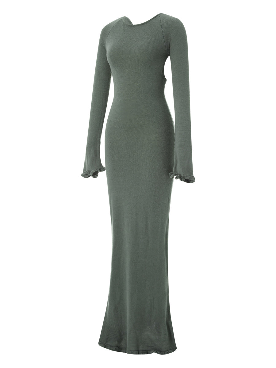 Women's Autumn Winter Knitted Bodycon Dress Long Sleeve Tie Backless Round Neck Solid Color Ruffle Trim Long Dress Beachwear